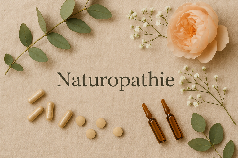 Naturopathie Bouteilles de produit cosmétique vertes avec une orchidée blanche à côté.